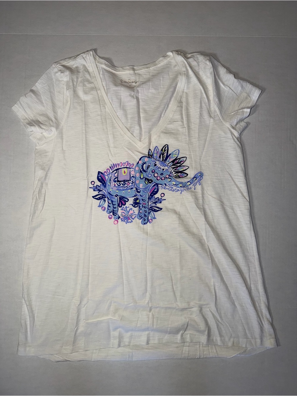 Lilly Pulitzer White V-Neck Tee with Blue and Purple Elephant Motif